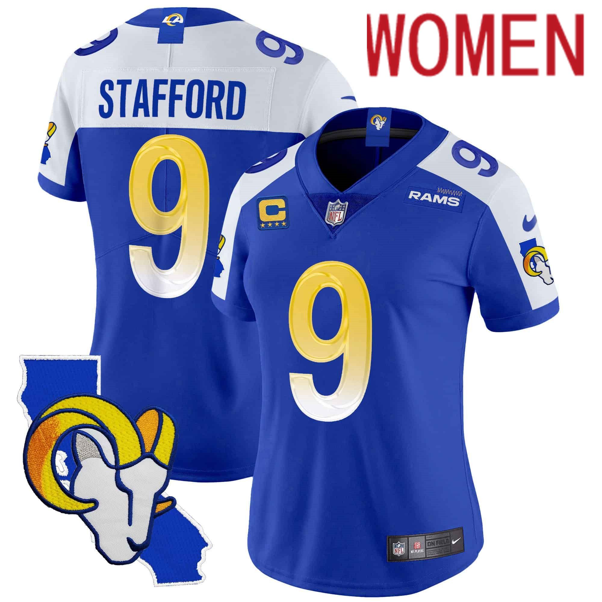Women Los Angeles Rams 9 Stafford Blue 2024 Nike California Patch Vapor Limited NFL Jersey